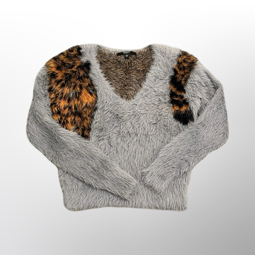 Guess Fuzzy Sweater V-Neck Animal Print Gray Brown Women's Medium Y2K